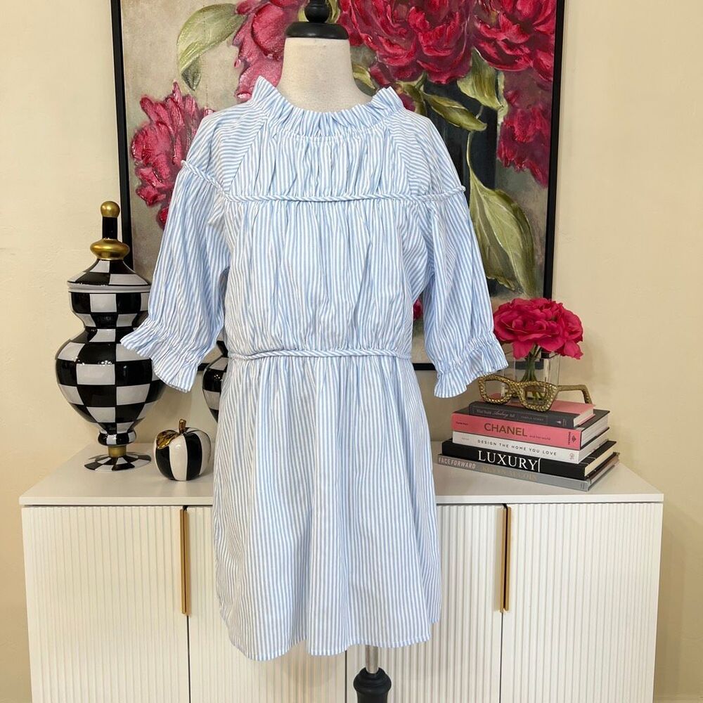 Elizabeth Wilson Women's Liesel Stripe Puff Sleeve Cotton Dress Blue White Small